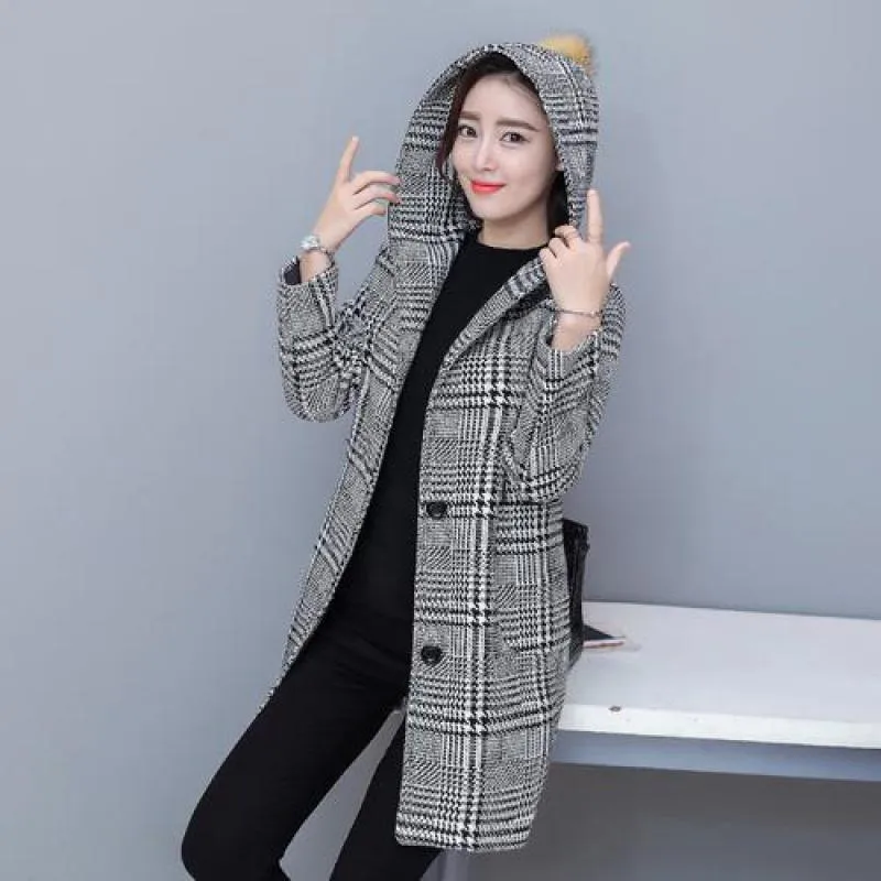 Plaid Long Coat Women Autumn Winter Fashion Korean Casual Long Wool