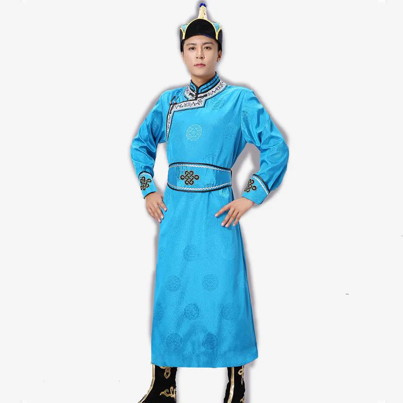 Traditionelle mongolische Kleidung Männer Festival Bühnenkleidung Grasland-Stil Cheongsam Stickerei Qipao Mandarinkragen Robe Männliches orientalisches Kleid