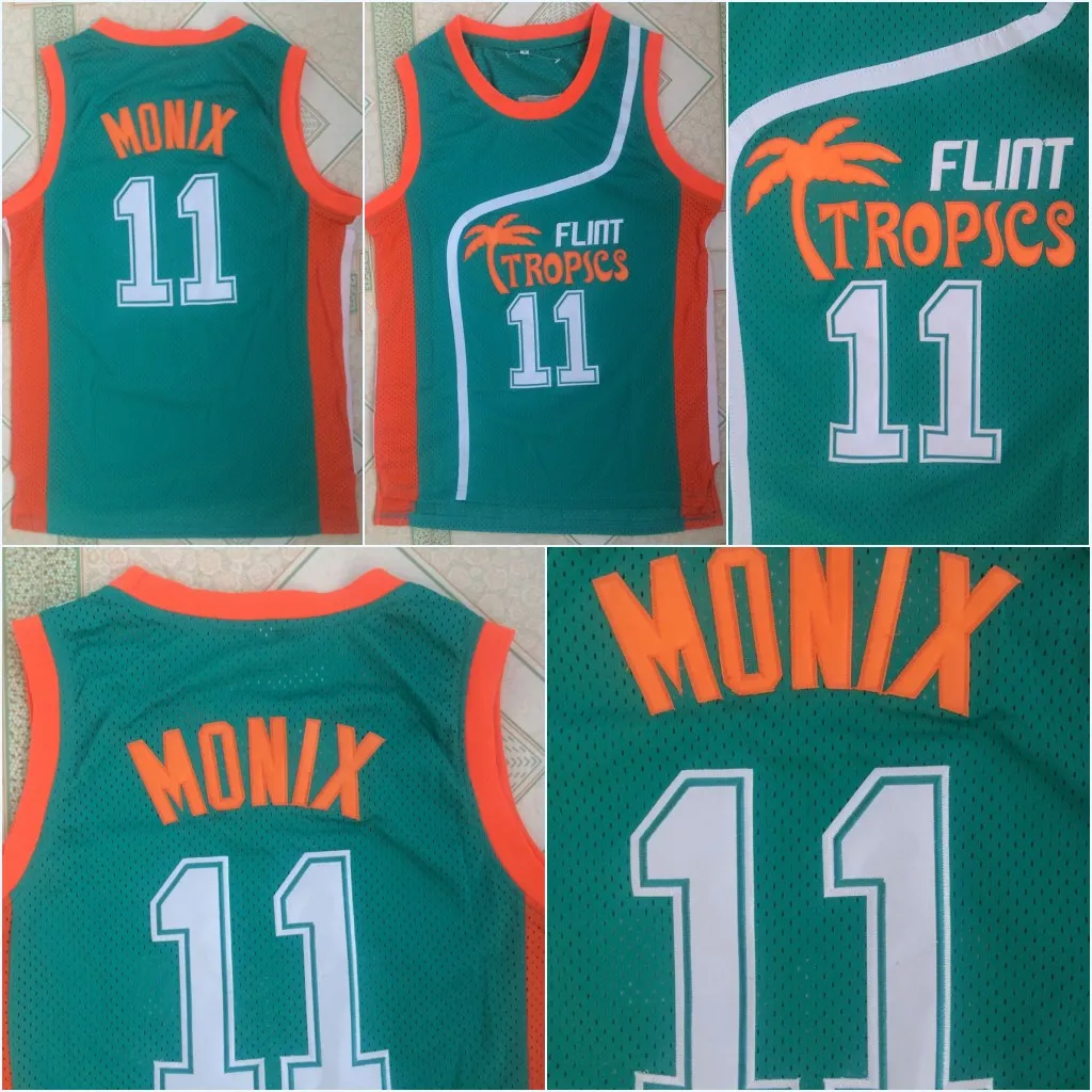 Basketball-Trikots Günstige Herren Semi Pro Movie Flint Tropics #11 ED Monix Movie Basketball-Trikot 100 % genäht Grün S-3XL Schneller Versand