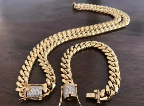 Erkek Miami Cuban Link Bileklik Zincir Seti 18k Altın Kaplama 14mm Pırlanta Toka