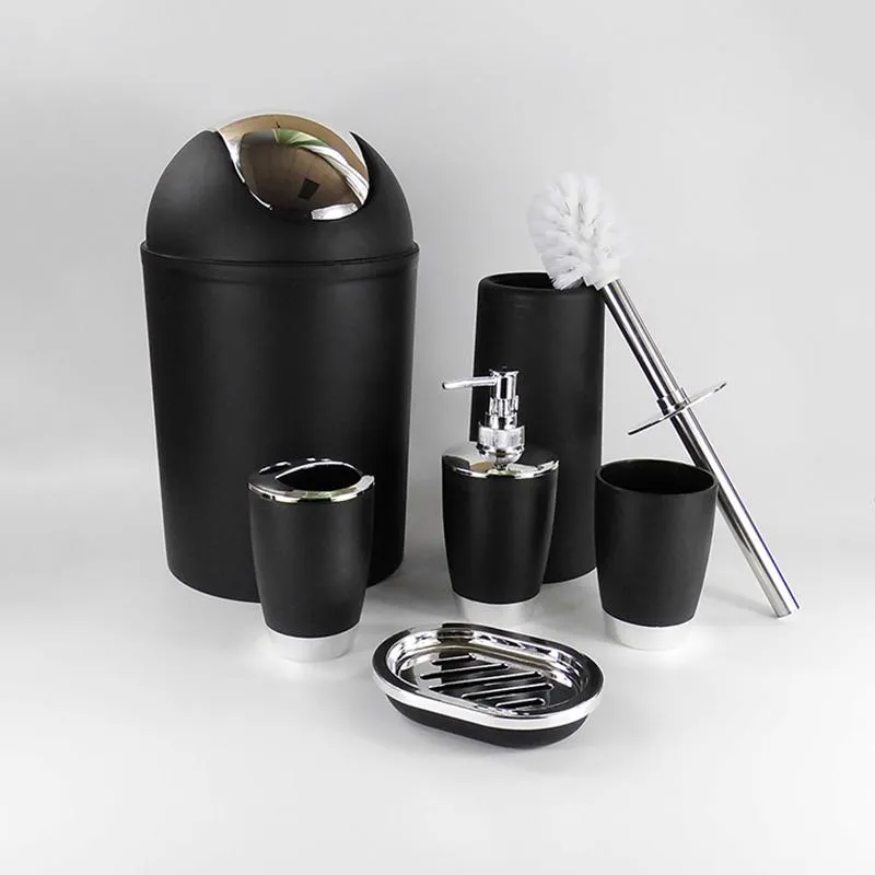 Set Bagno 6 Pezzi Nero – Dispenser Sapone, Portasapone, Portaspazzolino, Cestino E Scopino WC – Elegante E Funzionale