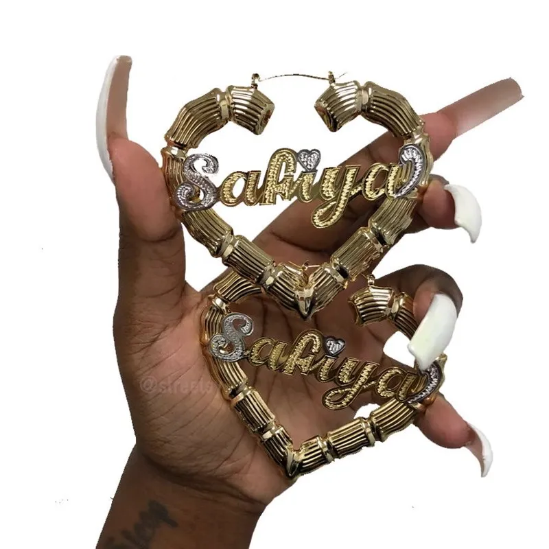 Pendientes de aro de bambú sexis de hip hop de 3 umetro, pendientes de nombre personalizables, estilo de bambú, declaración personalizada para regalos