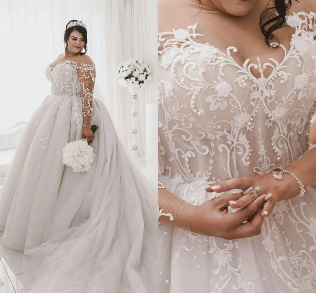 2020 Floral Lace Pearls Plus Size Wedding Dresses Ball Gown Illusion Long Sleeve Jewel Robes De Mariée African Bridal Vestidos De Novia