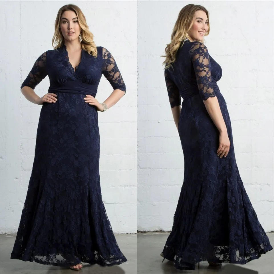 LACE And Chiffon Corset Back Dresses Dark Navy Plus Size
