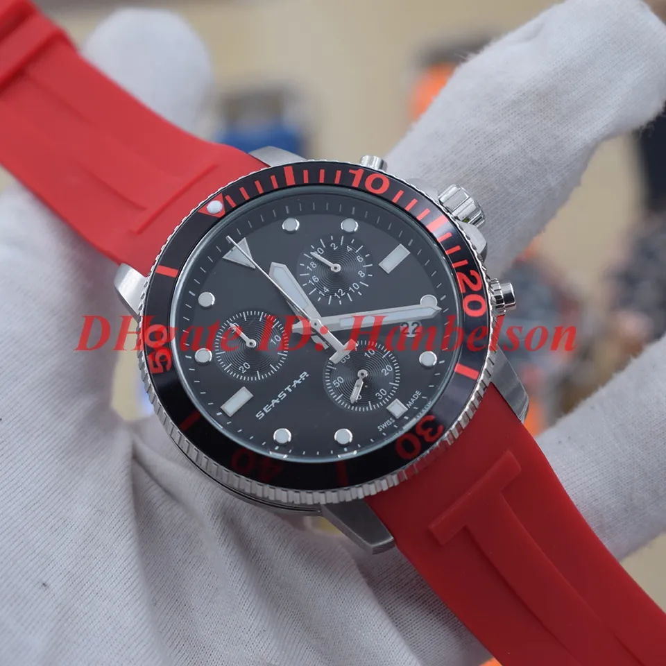 Fashion T-Sport Men Watch Klockor Quartz Rörelse Multifunktion Chronograph Reloj de Lujo Svart Ansikte Röd Gummi Strap 45mm