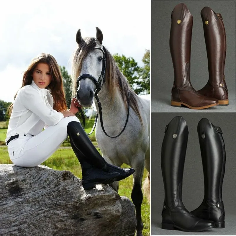 0202Cool Kvinnor Rider Ridning Stövlar Smooth Leather Knee High Autumn Winter Warm High Boots Mountain Riding Boots