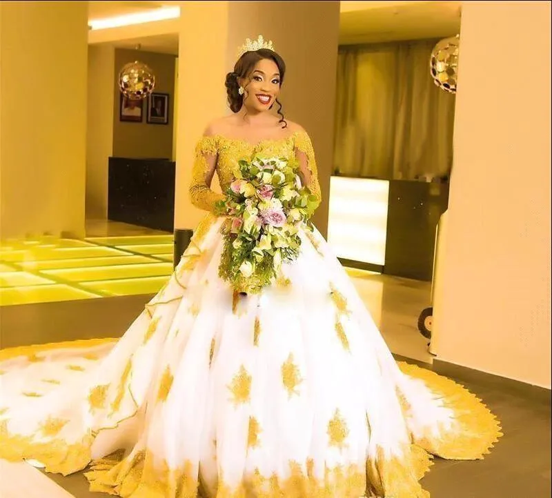 Plus Size A-Line Wedding Dress with Gold Appliques Lace, Long Sleeve,  Sweetheart Neckline, Court Train, Custom Made for Garden Church Bride from  Dhgate A-Line Wedding Dresses - price 108.55