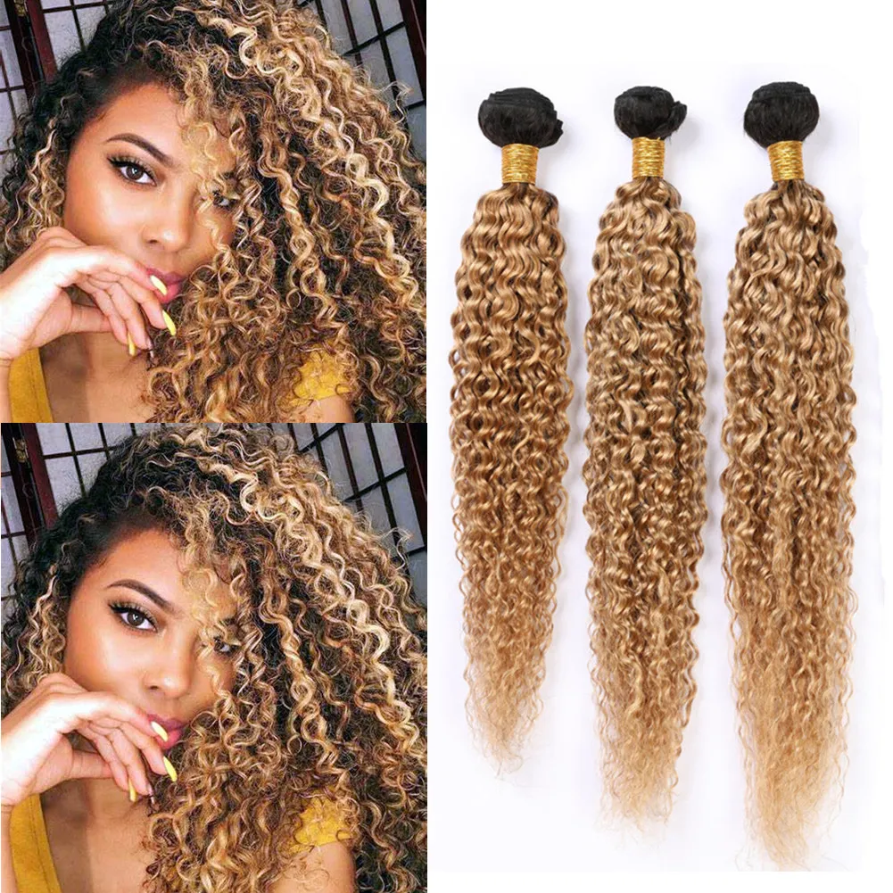 Ombre Honey Blonde Kinky Curly Humani Extensions Human Hair Extensions Dark Root # 1B 27 Peruwiański Kręcone Ludzkie Wiązki Włosów Light Brown Ombre Dziewicy Włosy