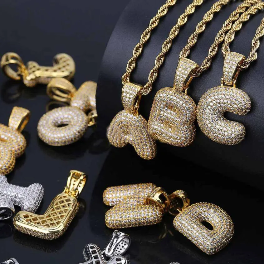 Collana con 26 lettere inglesi Lettere a bolle personalizzate Ciondolo con nome Ghiacciato Oro Argento Strass Collane Hip Hop Gioielli con catena a corda Regalo