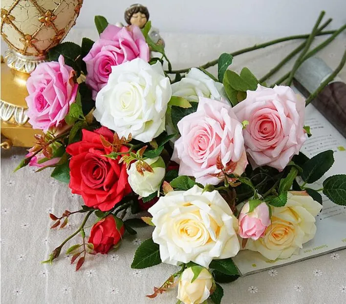 Wedding decoratio high quality artificial flowers Vivid real touch roses Artificial Silk Flower Bride Home Decorative 3 heads/bouquet GB48