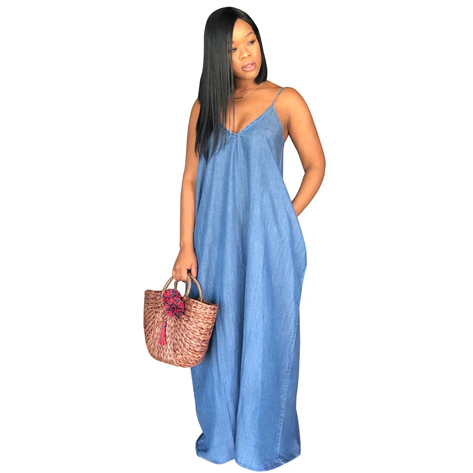 Mode Kvinnor Jean Casual Dresses Loose Lady Boho Backless Summer Long Denim Maxi Dress Strapless Plus Storlek S-3XL