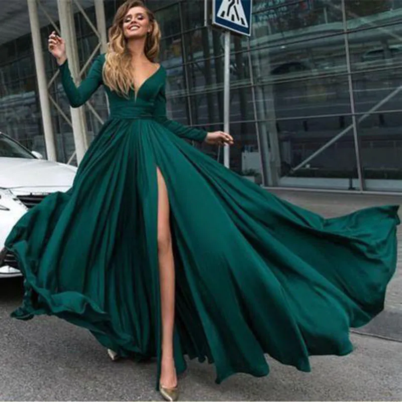 Sexy Evening Dresses deep v neck Long sleeves Side Split Satin Evening Gowns Long Formal Women Prom Party Gowns Robe De Soiree Abendkleider