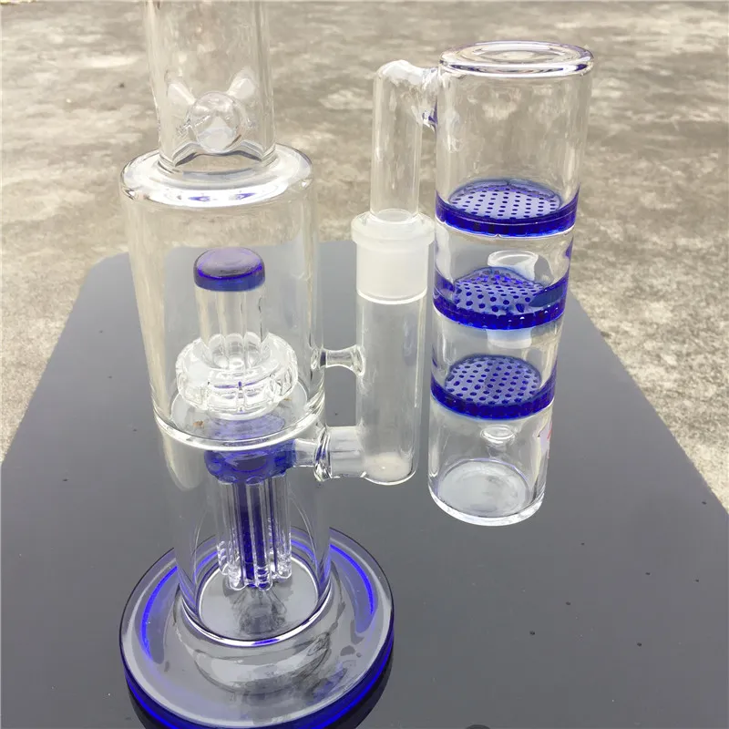 6.5 "Tall 18mm Joint Tre Blue Comb Hookah Glass Ashcatcher för Bongs Röktillbehör Triple Disc Percolators Ash Catcher