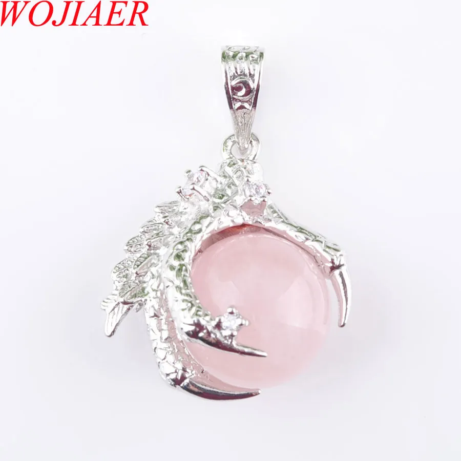 WOJIAER naturel Dragon griffe pendentif rond Rose Quartz pierres pendule collier pour hommes femmes bijoux Reiki amulette cadeau N3106
