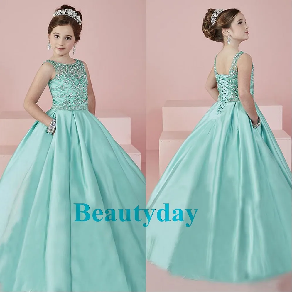 Aqua Girls Pageants Vestidos 2019 Puro Cuello Con Cuentas De Satinado Menta Verde Vestido De Fiesta Formal Fiesta De Fiesta Para Adolescentes Niños De € | DHgate