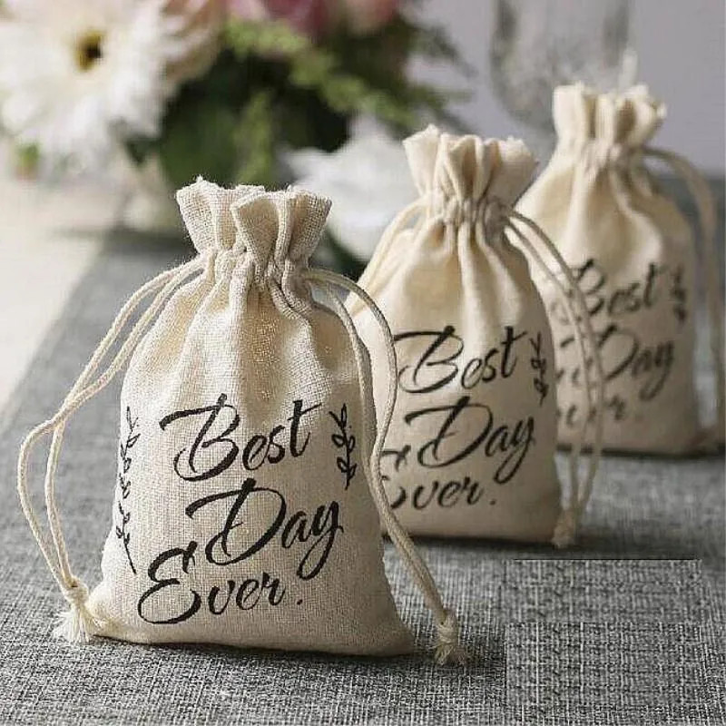 "Najlepszy dzień w historii" Naturalne Hessian Burlap Torby Ślubne Candy Gifts Torby Wydarzenie Party Prezenty AA8218