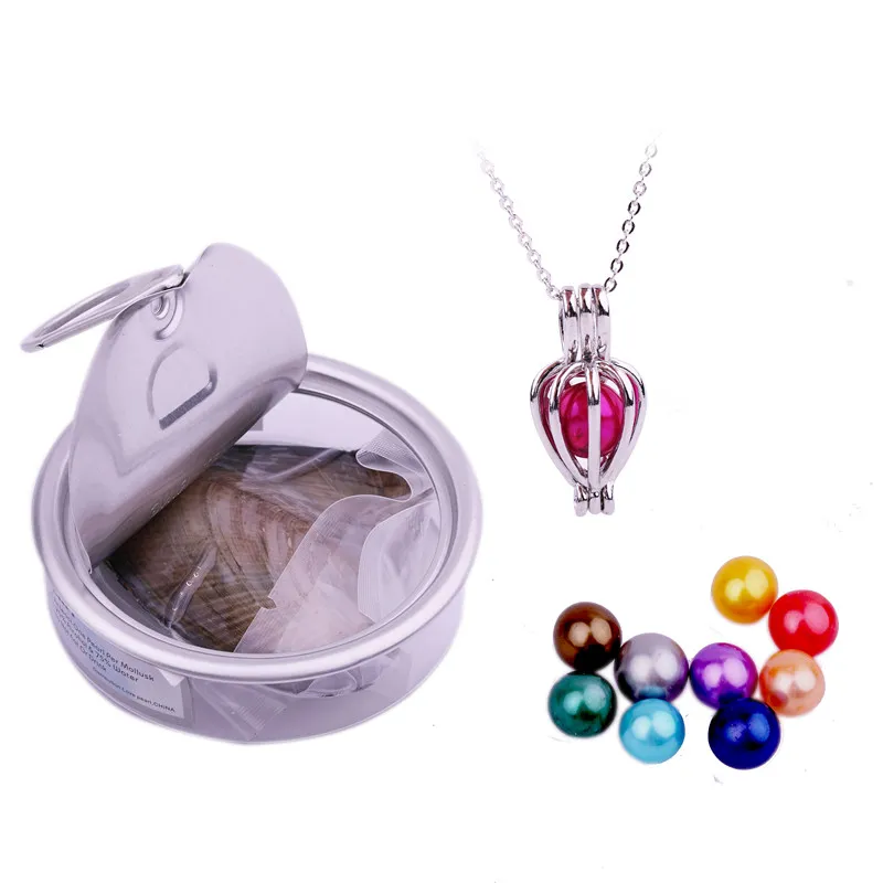 FBA JNMM Neues Produkt Set Perlmuscheln TEN Grains runde Perlen-6-7mm Mischfarben + Cage + Halskette Schmuck für Perlen Zubehör Geburt