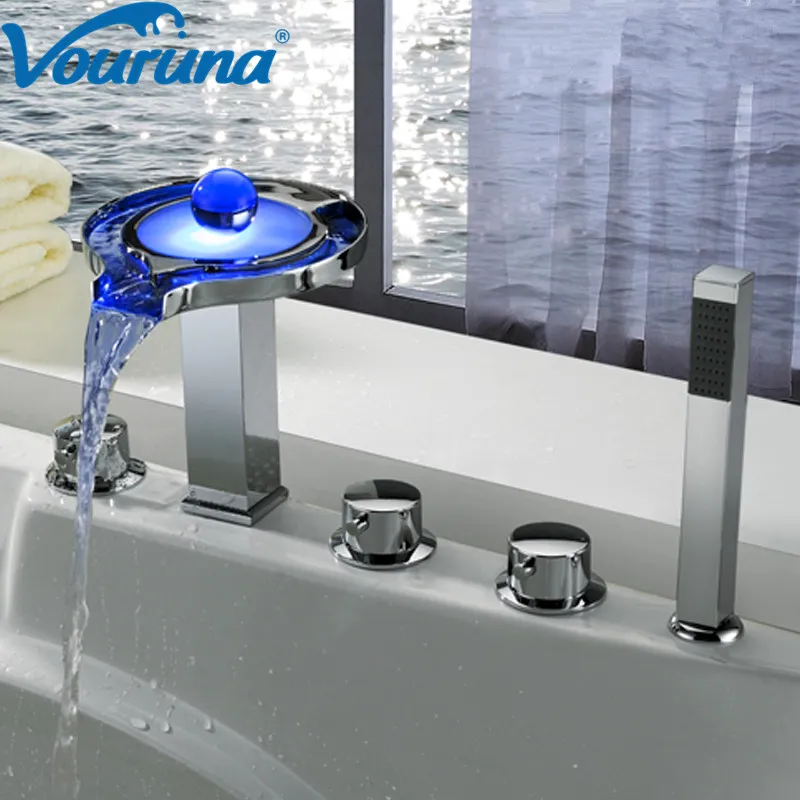 VOURUNA Großhandel Neue Ankunft Keine Notwendigkeit Batterie Wasser Powered 5 stücke Wasserfall Led Badewanne Wasserhahn 5 Loch Bad Dusche mischbatterie Set