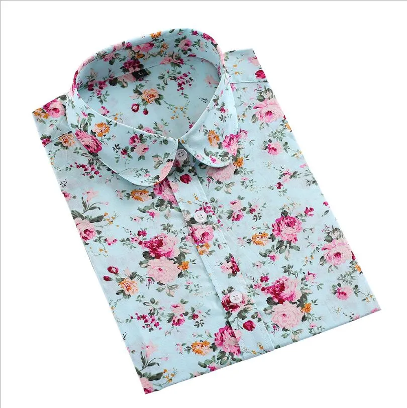 Camisa de solapa rosa y azul claro Verano Nuevas mujeres Moda Casual Estampado floral Camisa de manga larga Diseñador Tops de mujer