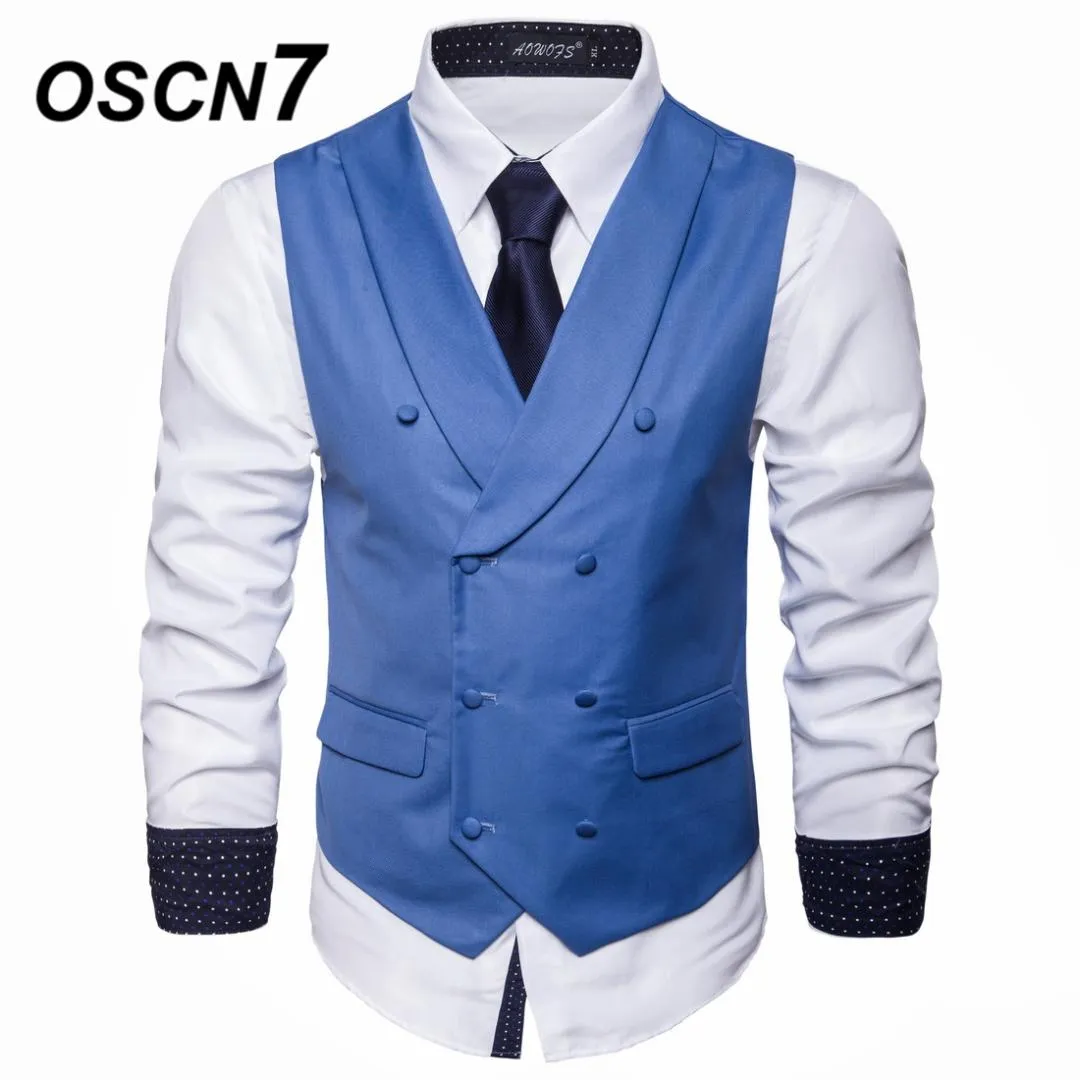 OSCN7 Schal Revers Slim Fit Anzug Weste Herren 2019 Neue Business Casual Plain Zweireiher Flip Tasche Weste Männer MJ003