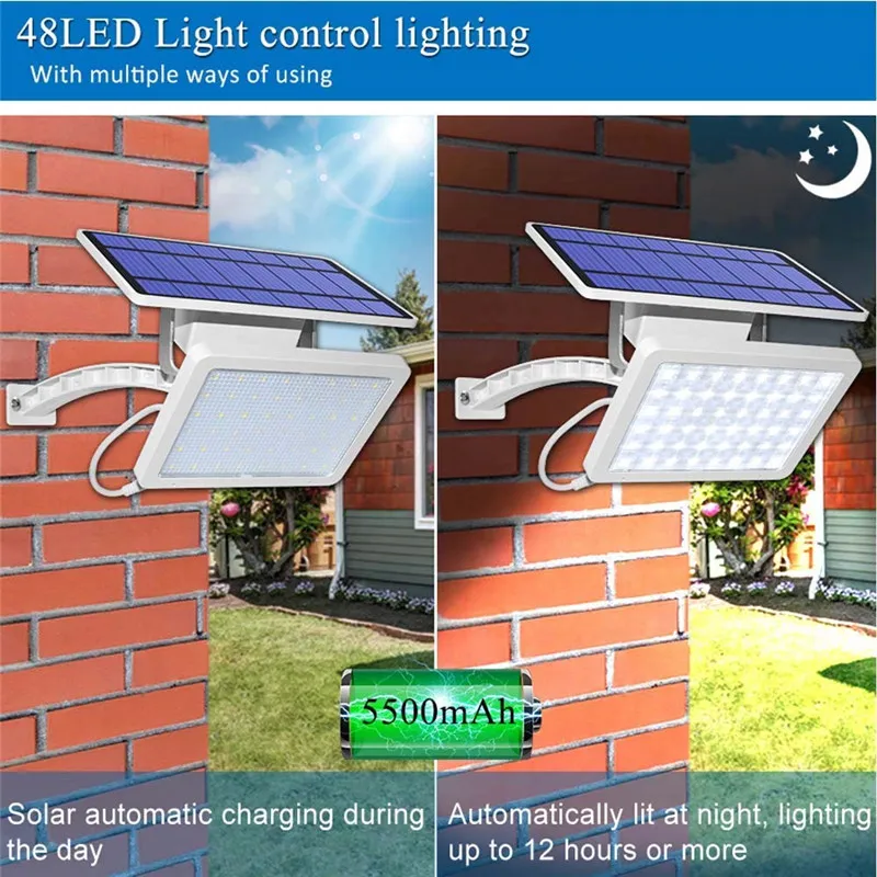 800lm Solar Garden Light 48leds IP65 Integra Split Solar Street Lights Lampada da parete solare esterni ad angolo regolabile