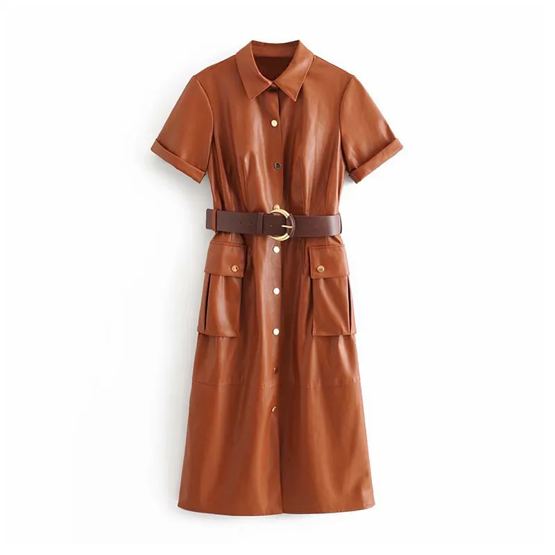 Womens PU Faux Leather Knee-Length Dress with Short Sleeves, Turn-Down  Collar, Sashes, Pockets, and Belt from Dhgate Basic & Casual Dresses -  price 46.71