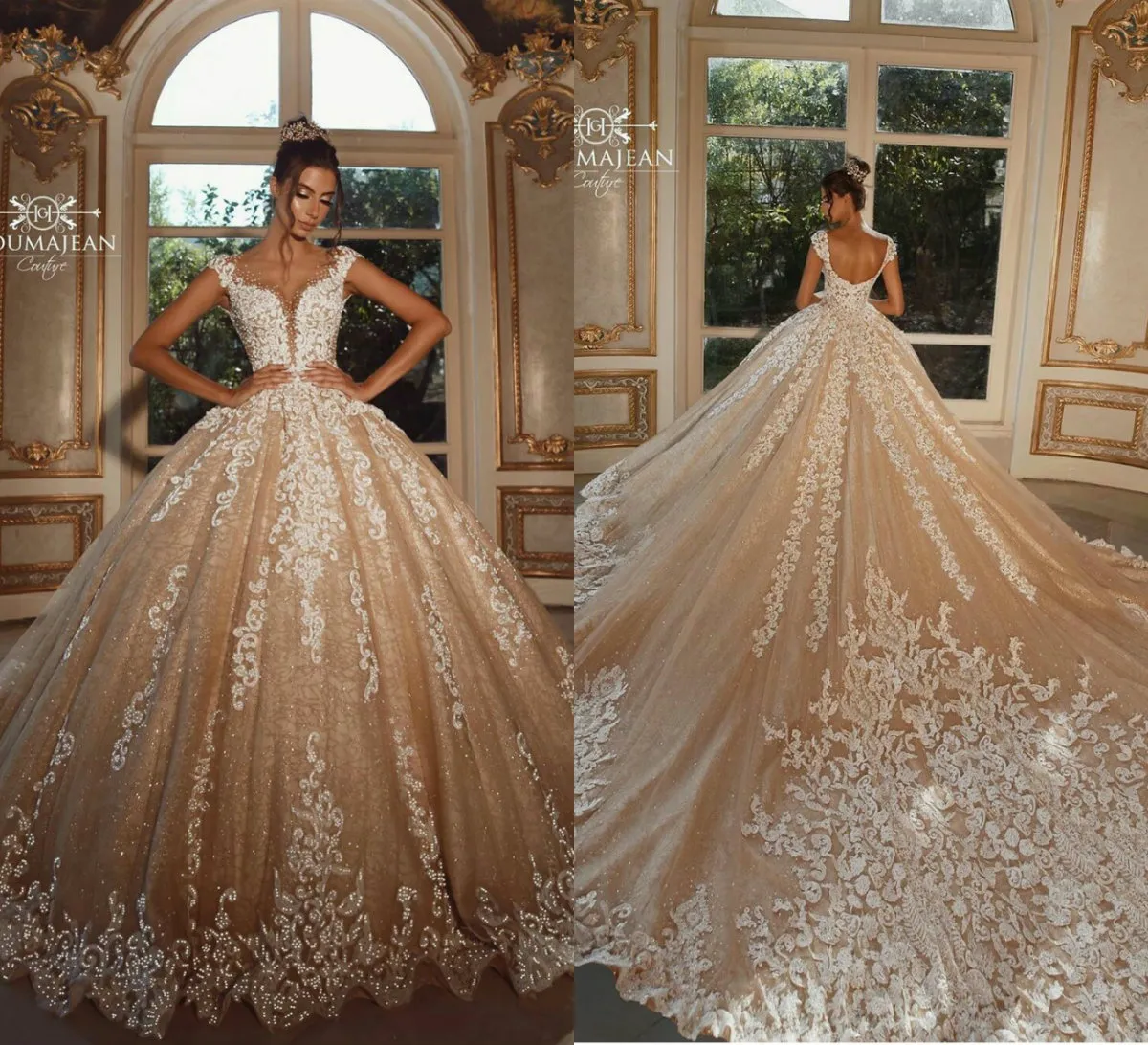 Hot Sell Custom Wedding Dresses V Neck Appliqued Sleeveless Sequins Bridal Gown