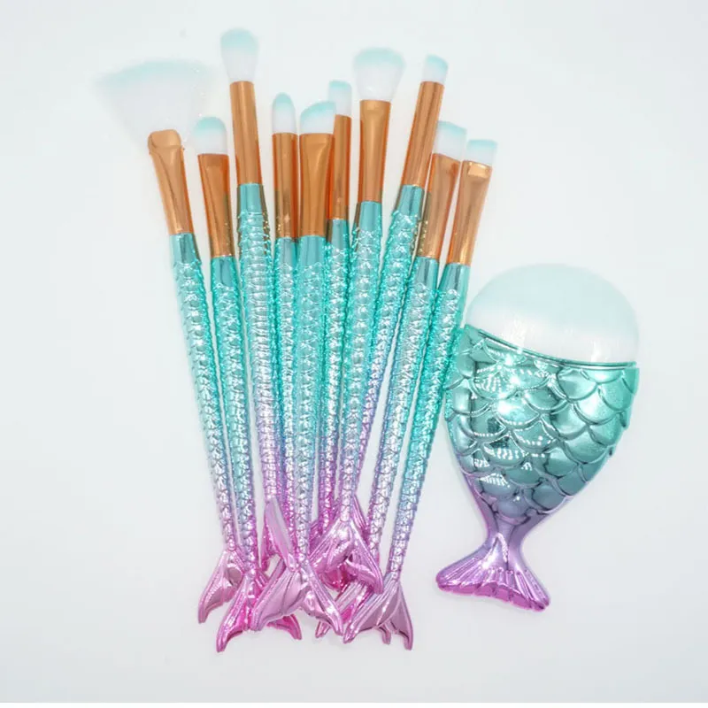 10/11pcs Mermaid Tail Makeup Brushes Set for Teen Girls Nylon Hair Plastic  Brush Sets Double-tailed Fish Makeup Tools