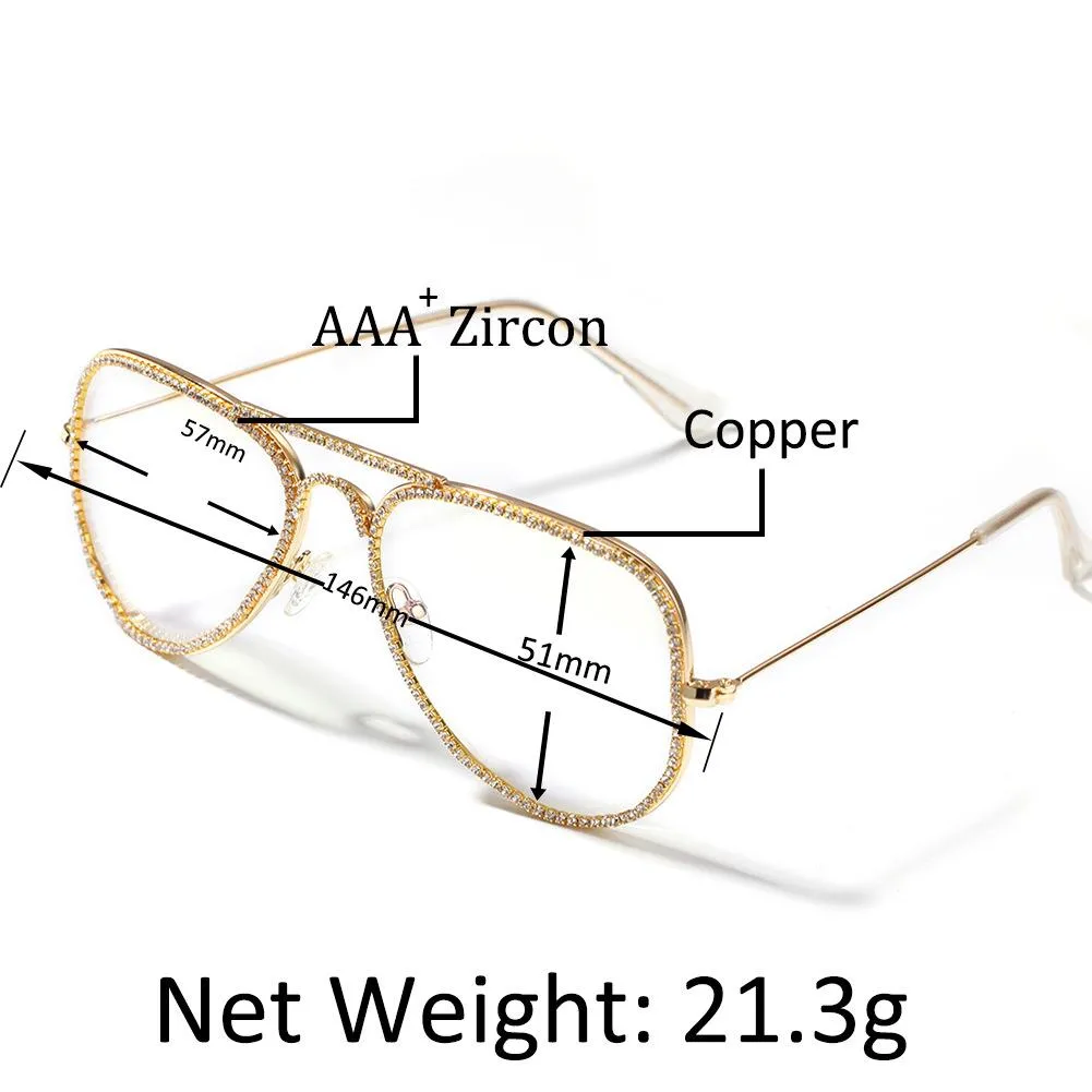 All'ingrosso-New Fashion Gold Silver Plated Bling Diamond Glasserames per le donne Iced Out CZ Zircon Hip Hop Plain Glass Rapper Jewelry Glasses