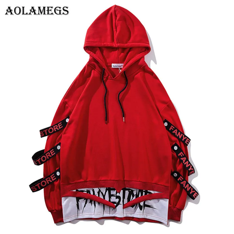 Aolamegs Hoodies Män Fake 2 Pieces Ribbons Hooded High Street Pullover Sweatshirt Men Fashion Hip Hop Streetwear Hoodie Höst Sh190701