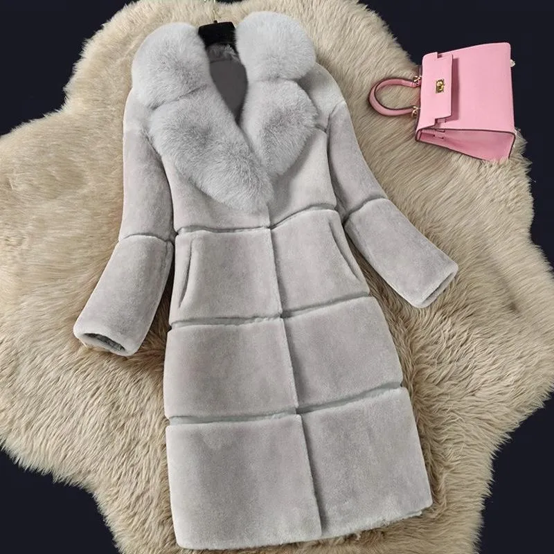 Sheep shearing cashmere coats autumn winter long wool overcoat of the imitation fox fur collar coat fur woman coat plus size 5xl