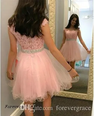 2019 Pink Sheer Lace Tulle Short Homecoming Dress Jewel Neck Beaded Juniors Sweet 15 Graduation Cocktail Party Dress Plus Size Custom Made From Forevergrace 87.92 DHgate.Com