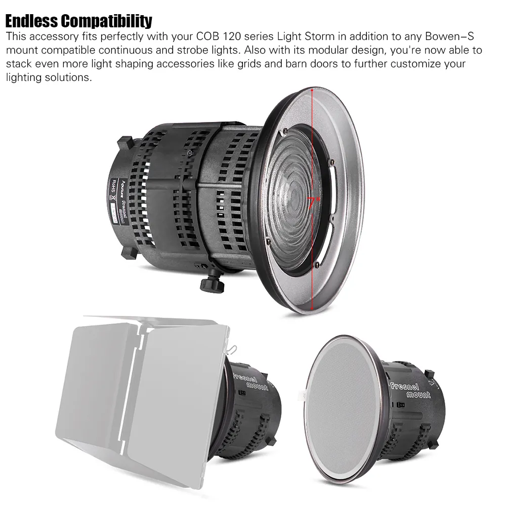 Fresnel Mount avec objectif réglable Light-Shaping Tool pour Light Storm COB 120T 120D autres Bowens Mount Lights