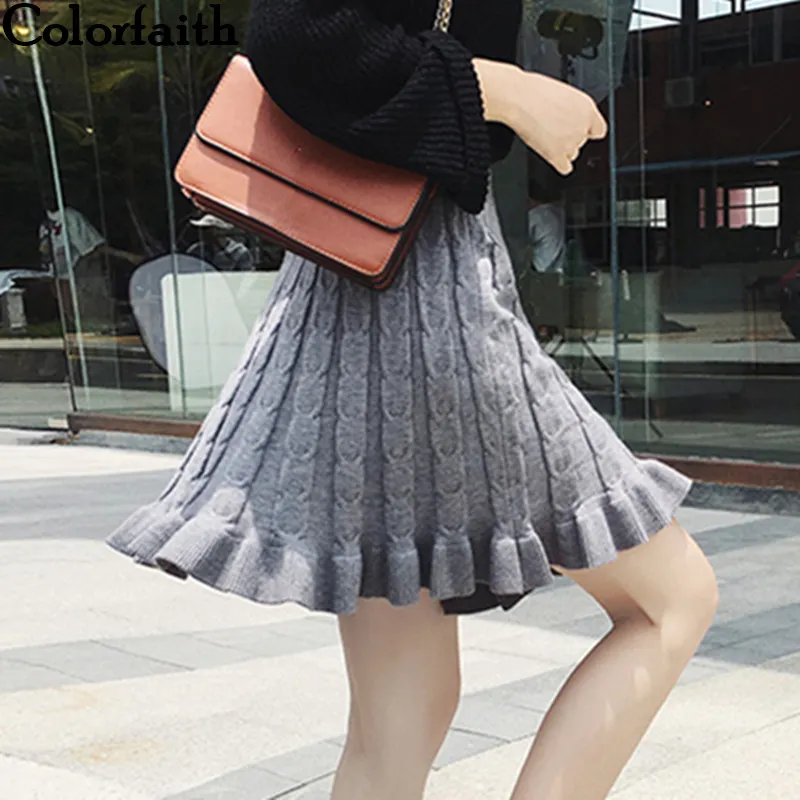 Colorfaith New 2019 Women Knitting Mini Skirt Autunno Inverno Vintage Fashion Ladies Pieghettato Ruffles Gonna a pieghe Donna Sk8202 T190827