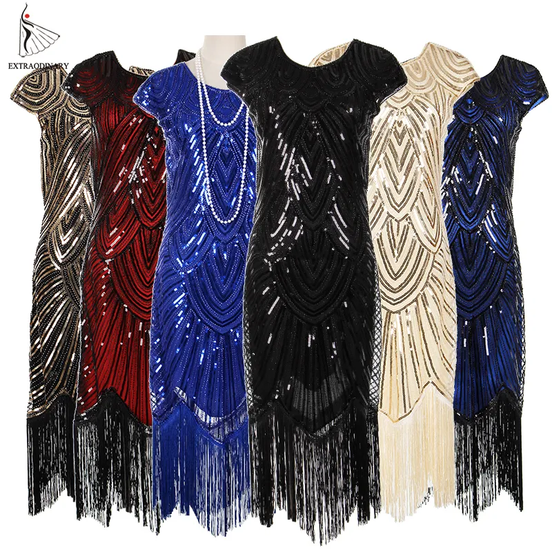 Femmes années 1920 Vintage Flapper Great Gatsby robe de soirée col en V manches paillettes franges robes mi-longues accessoires Art déco embelli J190505