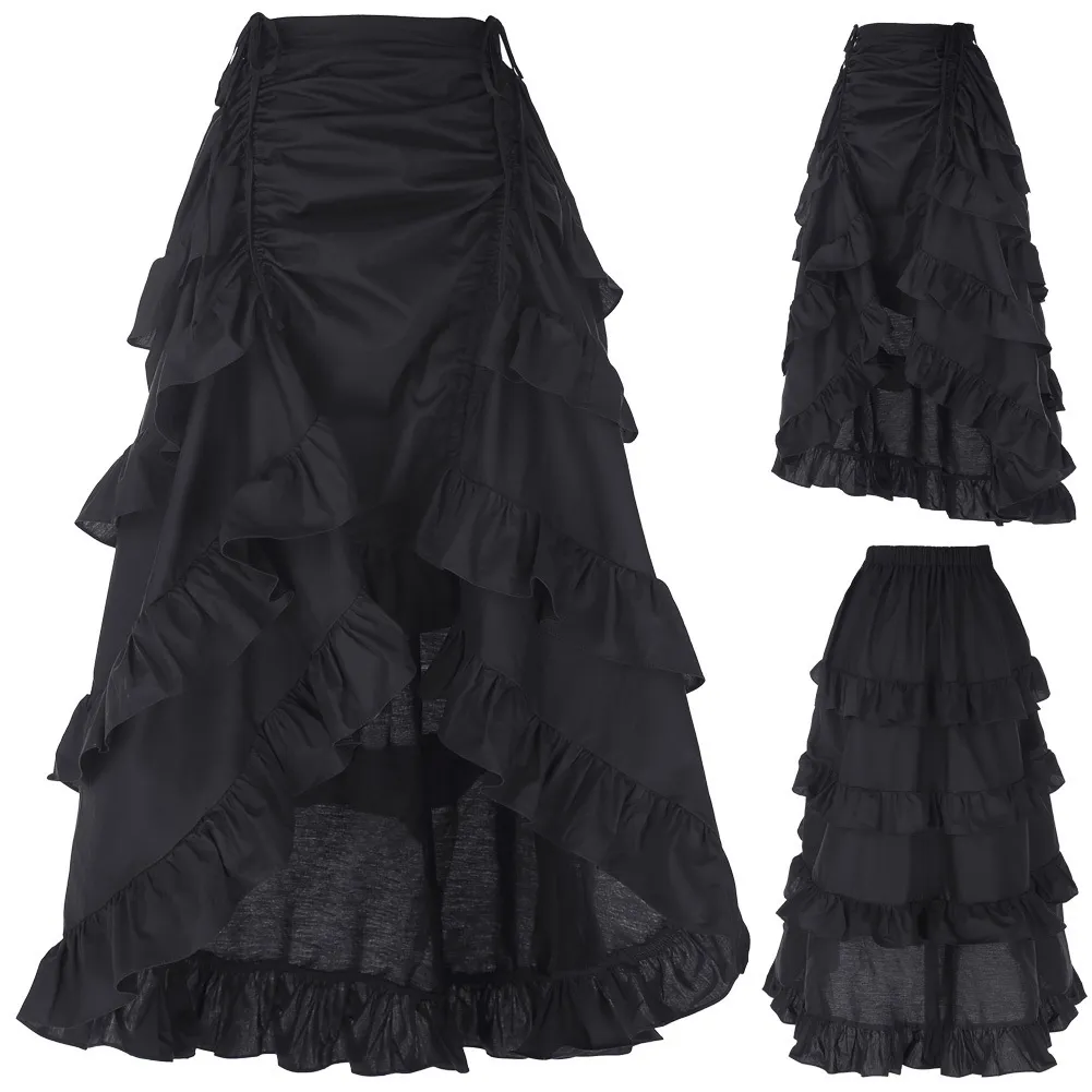 3 Colors Gothic Corset Skirt Victorian Steampunk Long Ruffle Vintage Costume Skirt J190507