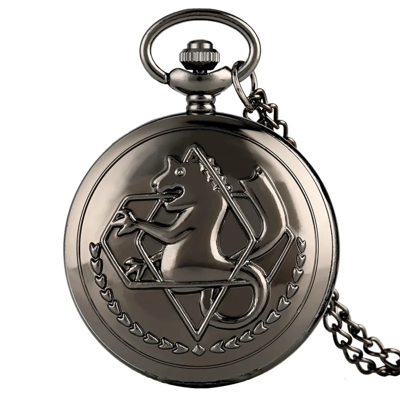 Fashion Black Fullmetal Alchemist Orologio da taschino analogico al quarzo Cosplay Edward Elric Anime Design Collana con ciondolo Catena Regalo ideale per uomini Wome