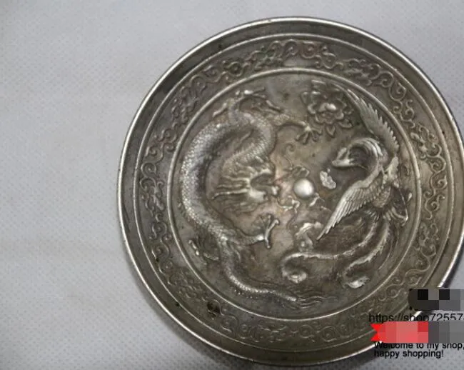 Chine ancienne tibétaine brosse à laver en argent assiettes Dragon et Phénix