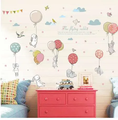 Cartoon DIY Super Cute Balloon Królik Naklejka Ścienna Dla Dzieci Ptaki Chmury Wystrój Meble Szafy Sypialnia Salon Kalkomania