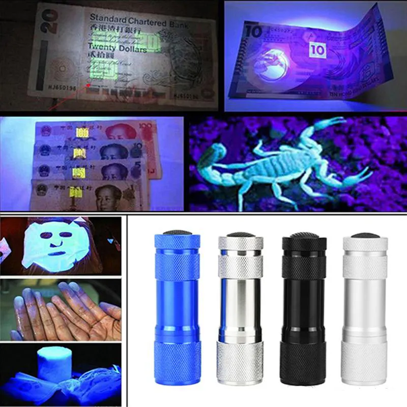 DHL 2019 Nuovo 100pcs in alluminio Mini portatile UV Ultra Violet Blacklight 9 LED torcia torcia