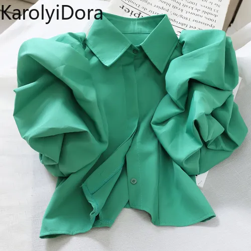 2020 Primavera Elegante Corte Estilo Curta Blusa Outono Primavera Feriado Beach Verde Blusas Surpreenda Collar Spruff Camisa de Manga Longa