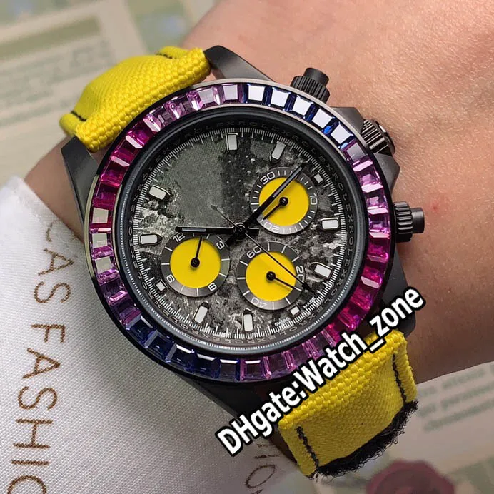 Versione PVD Cassa nera 116500LN Quadrante giallo con scarabocchi Orologio automatico da uomo Cinturino in pelle di nylon giallo Lunetta con diamanti arcobaleno Wa246D