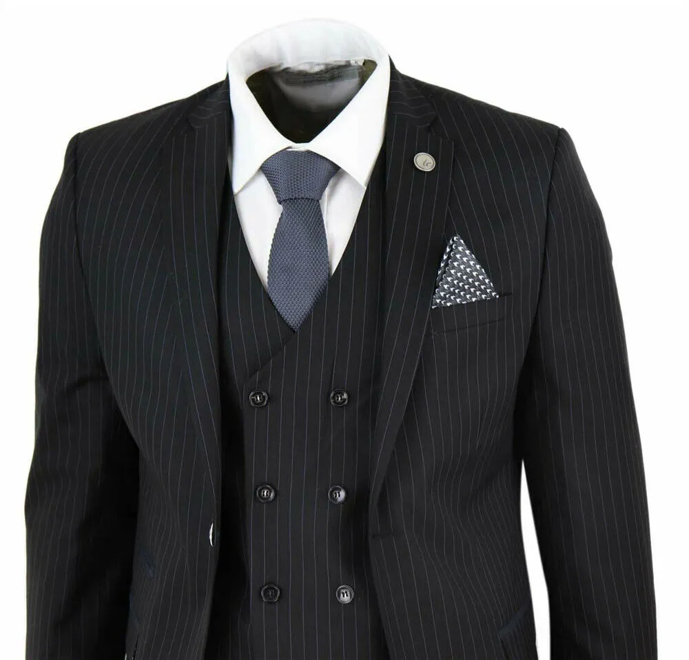 Mens 3 Piece Suit Gatsby 1920s Peaky Blinders Gangster Pinstripe Tailored Fit Tuxedos Prom Suit (Jacket+Pants+Vest)