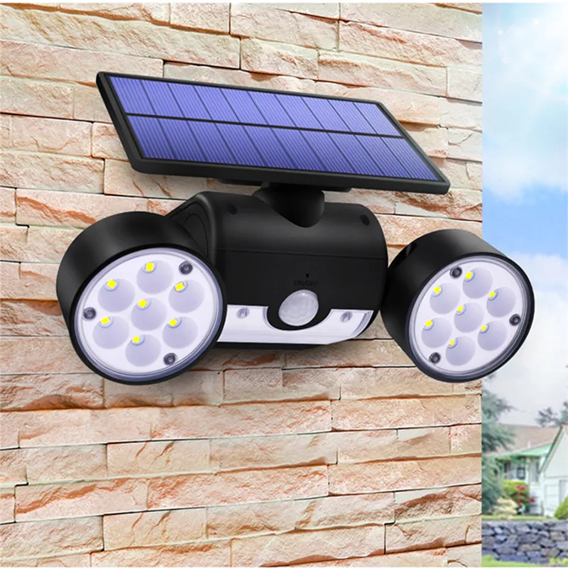 Lámpara solar al aire libre 30LED de doble cabeza PIR Sensor de movimiento Foco Impermeable Luz de pared ajustable para Patio Césped Piscina Patio Garaje Jardín