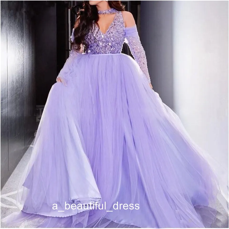 sachin and babi light blue dress Light Purple Off-Shoulder Ball Gown Arabic Lavender Evening Gown with Long Sleeves and Lavender Accents