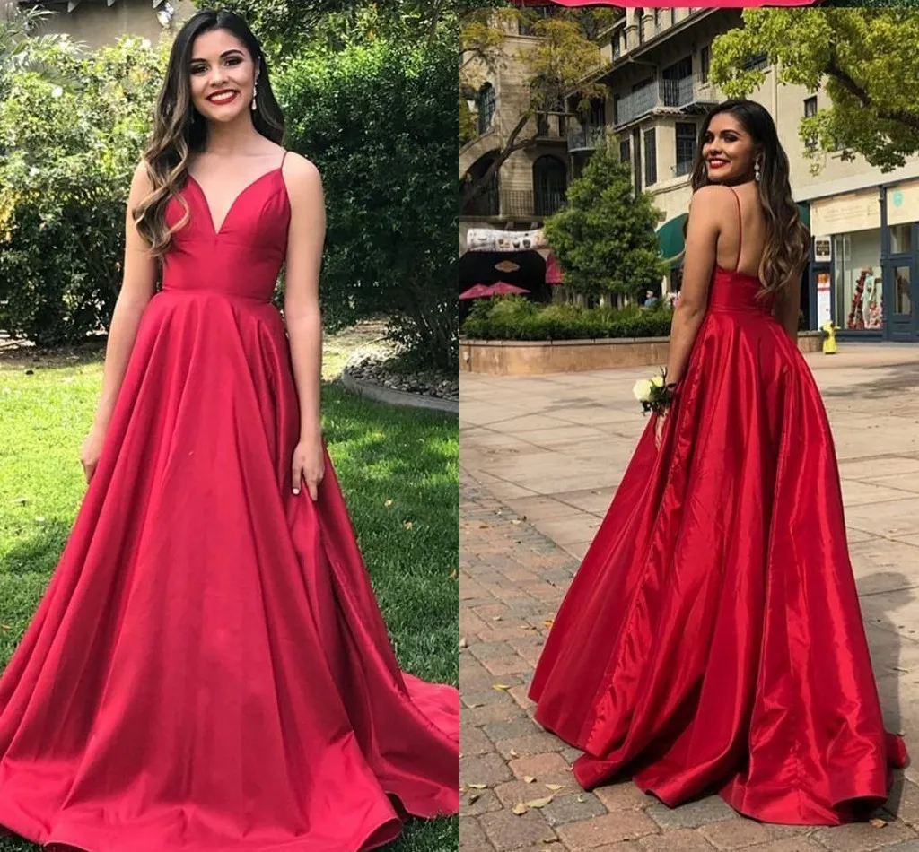 2019 Red Formal A-line Dresses Spaghetti V-neck Open Back Taffeta Sweep Train Prom Dress Evening Gowns Special Occasion Dress For Girls