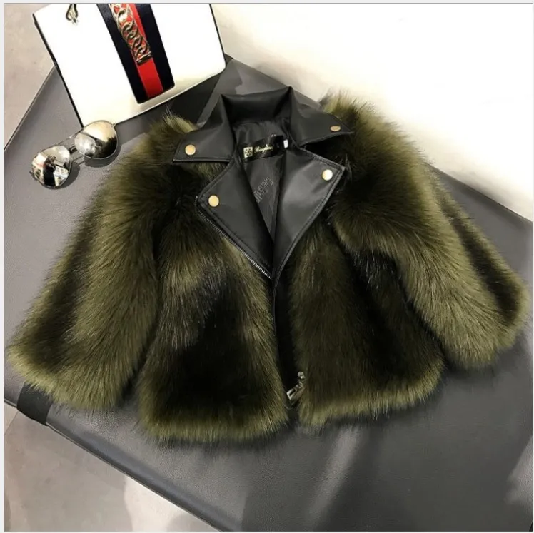 Kurze Stil Mädchen Pelzmantel Jacke Nachahmung Fuchs Künstliche Pelz Gras Hohe Qualität Plüsch + Leder Winter Kinder Baby Mädchen kleidung Outwear