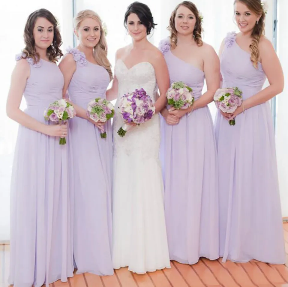 New Simple Dress One Shoulder Lilac Bridesmaids Dresses Long Chiffon Floor Length Formal Wedding Guest Dress Maid Of Honors Dress BD9009