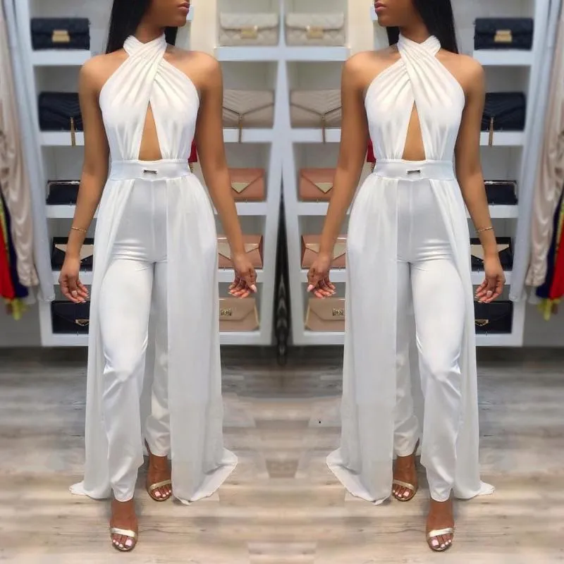 Rompers Sleeveless Halter Long Jumpsuits Sexy Backless White Regular Summer Elegant Evening Party Night Club Play suits Lady Jumpsuits