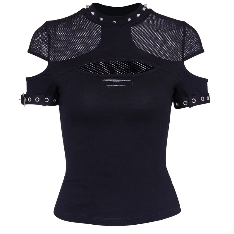 InsGoth Black Gothic Punk T Shirt For Women, Slim Fit Mesh Rivet Detail,  Sexy Short Sleeve Hip Hop Top From Huang01, $11.78